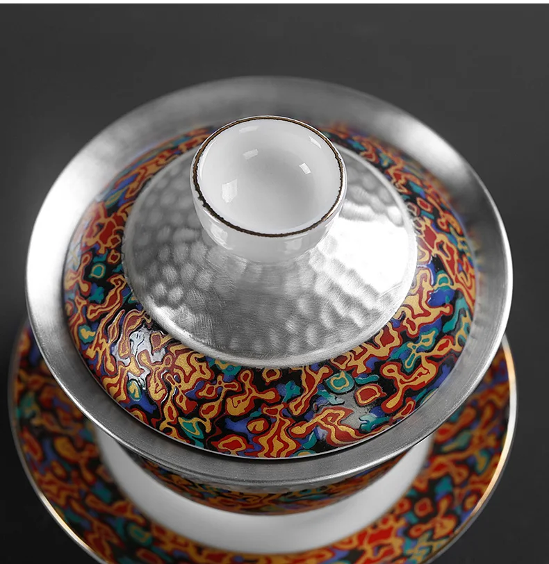 160 мл стиль корта Gaiwan эмаль красочная Серебряная чайная чаша с крышкой блюдце набор для офиса чайная церемония посуда для напитков чайная посуда коллекция