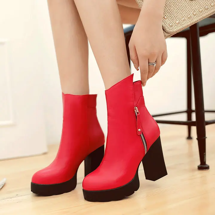 Женские ботинки на платформе; ботильоны на не сужающемся книзу высоком массивном каблуке; Демисезонная женская обувь из искусственной кожи на молнии; Новинка года; большие размеры - Цвет: Красный