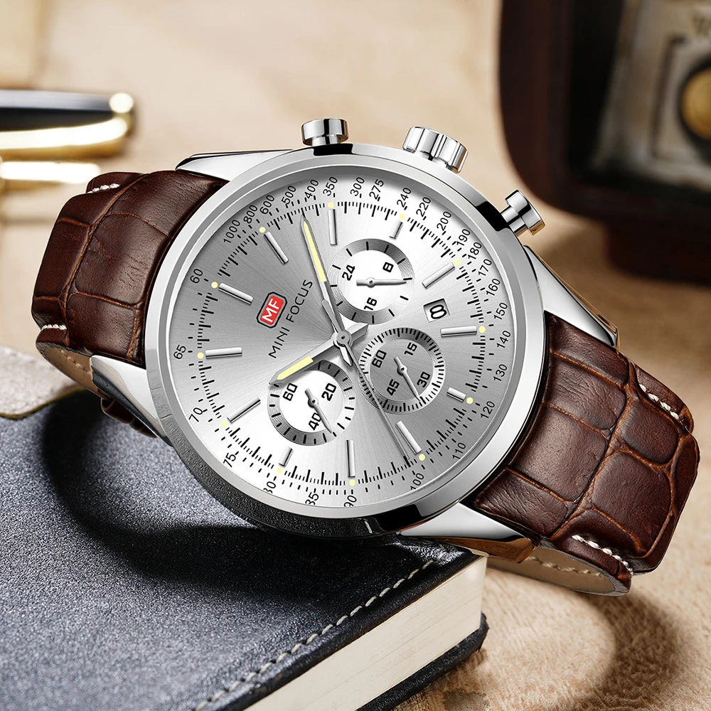 

MINI FOCUS 2019 Fashion Business Quartz Watch Men Brown Leather Strap Waterproof Sport Chronograph Mens Watches Top Brand Luxury