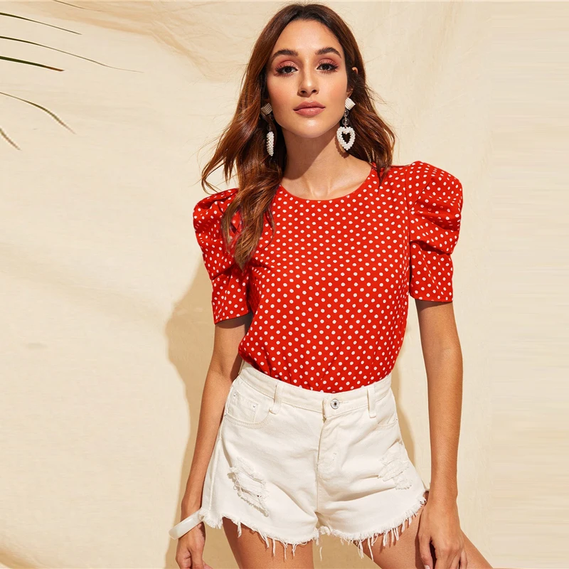 SHEIN летняя блузка в горошек с замочной скважиной на спине, с пышными рукавами, женская одежда, повседневные женские топы с круглым вырезом и коротким рукавом
