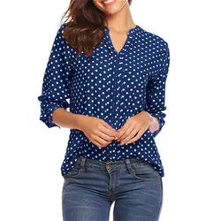 Офисная Женская рубашка в горошек с закатанными рукавами; элегантная повседневная блузка с длинными рукавами и v-образным вырезом; женская
