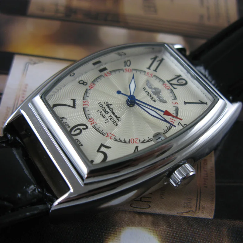 

New WINNER Automatic Mechanical Watches Oval Dial Black Leather Strap Self wind AUTO Date Male Mens Wristwatch Relogio Masculino