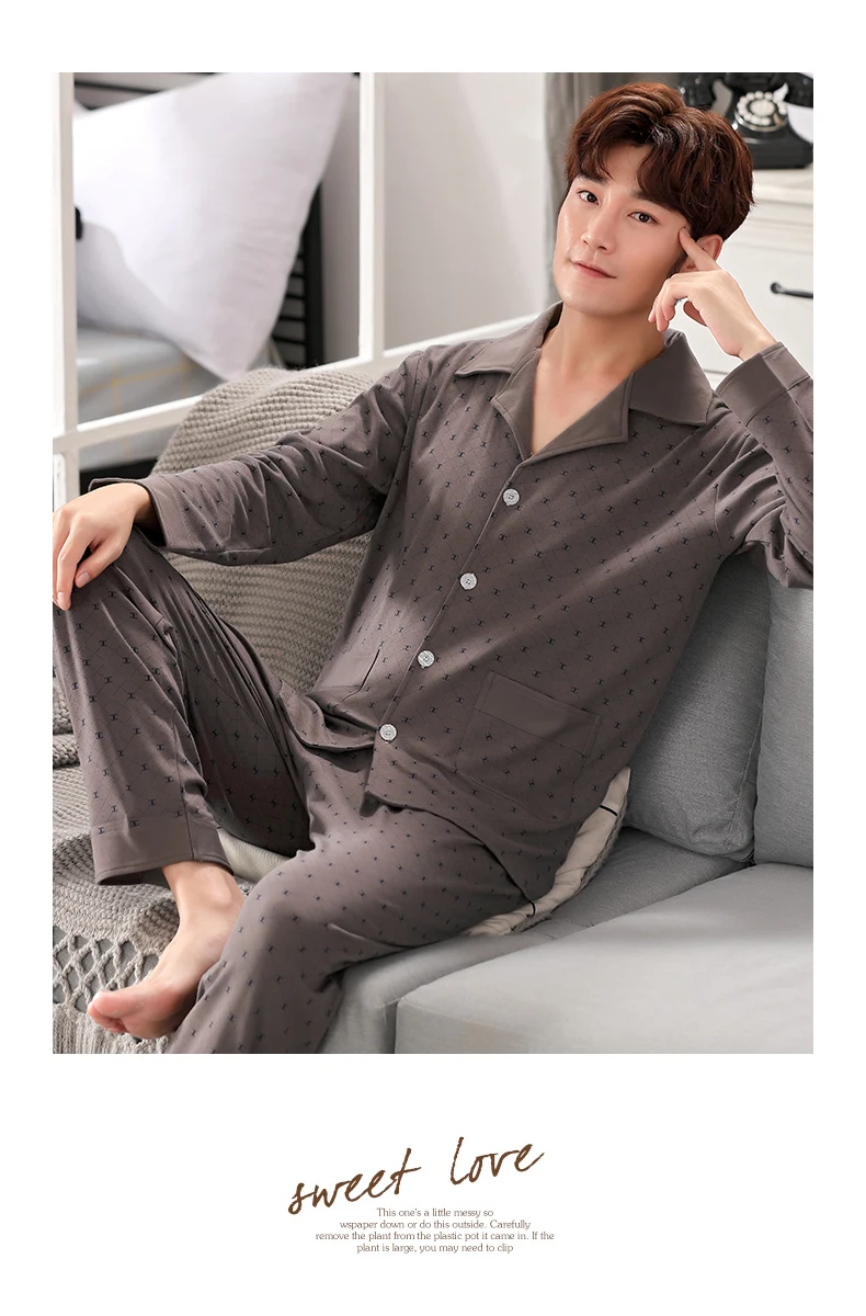 Sleep Suit Men Spring Autumn Cotton High Quality Brand Pajama Set Men Long Sleeve Blue Color Stripe Sleepwear Pajama Male