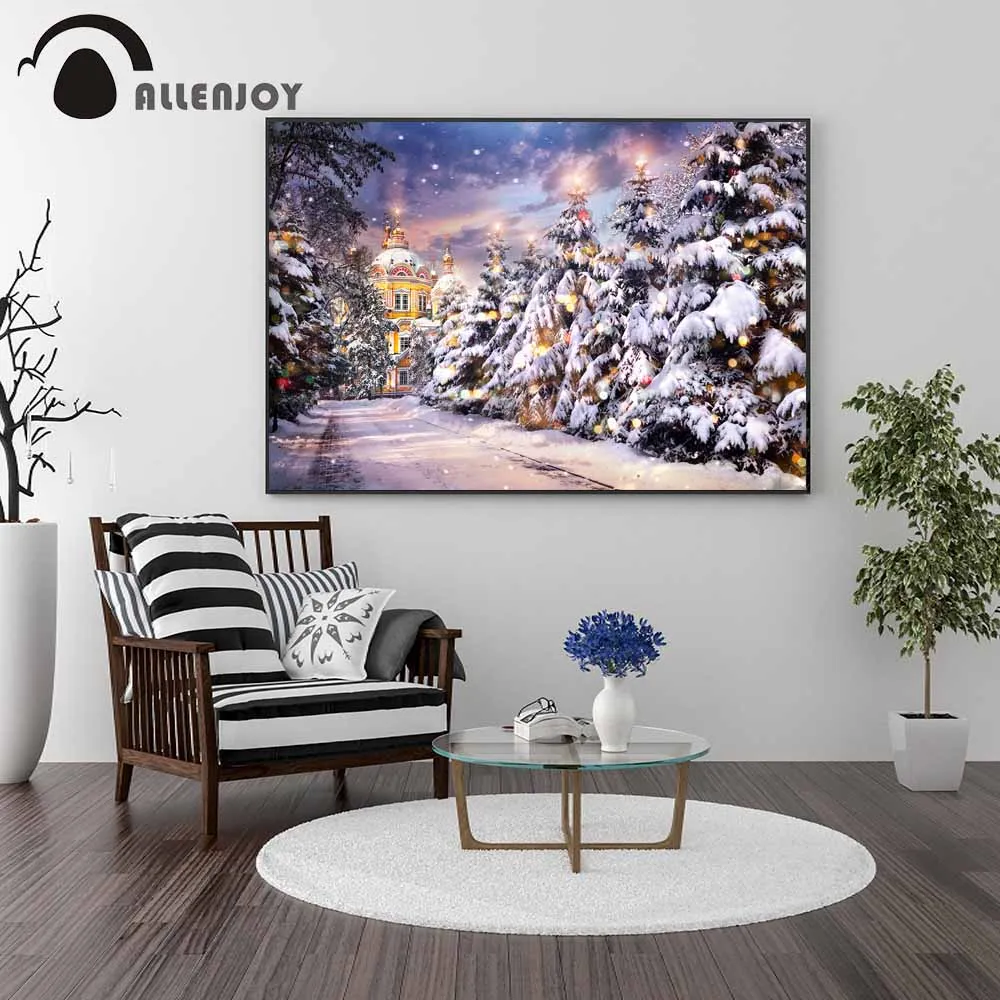 

Allenjoy Winter Watercolor Canvas Paintings Snow Tree Castle Christmas Wall Posters Landscape Oil Paints for Festival Party