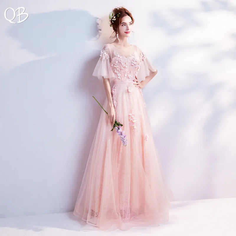 

Custom Made A-line Half Sleeve Tulle Flowers Lace Appliques Elegant Pink Evening Dresses 2020 New Bride Party Prom Dress XK167