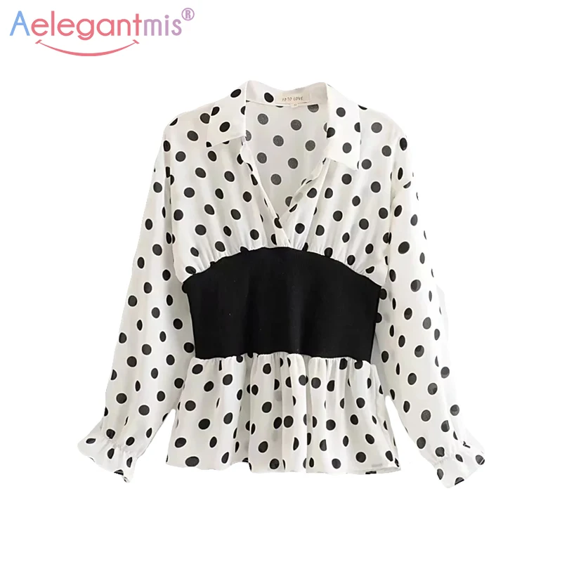 

Aelegantmis Summer New Office Lady Dot Long Sleeve Tunic Women Blouse Turn-down Collar Chiffon Blouses Ladies Casual Shirt Tops