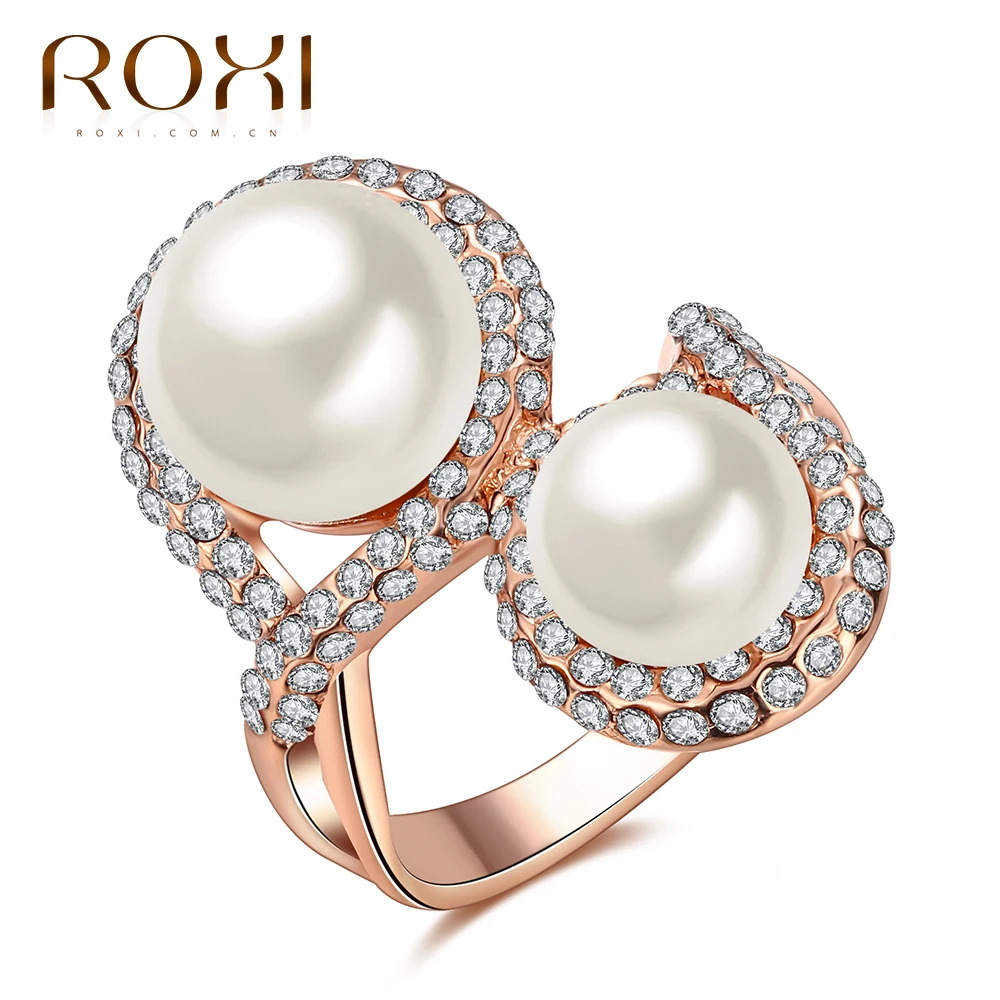 

ROXI Brand Hot Sale Pearl Jewelry Ring For Women Two Beads Cross Rose Gold Noble Ring For Wedding And Gift