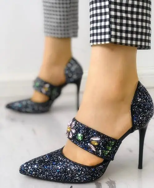 

Fashion Summer Summer Pumps in Sequins Embellished Multi-way Pointed Toe Thin Heels Stilettos For Woman with Pointed toe