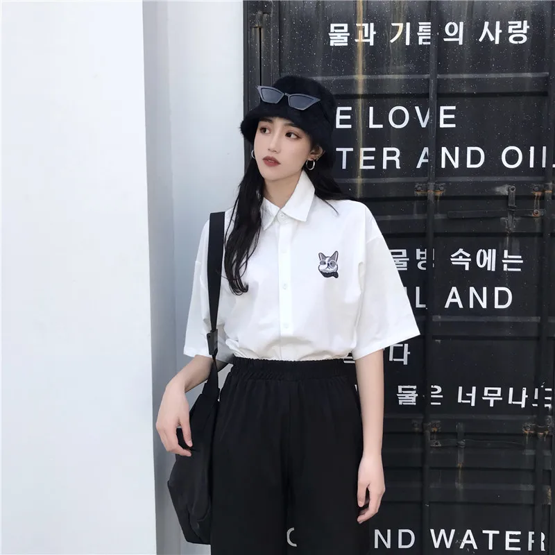 Woherb животного вышивка кавайная блузка для женщин корейский Harajuku свободные белые Blusas женские летние повседневное футболки 21975