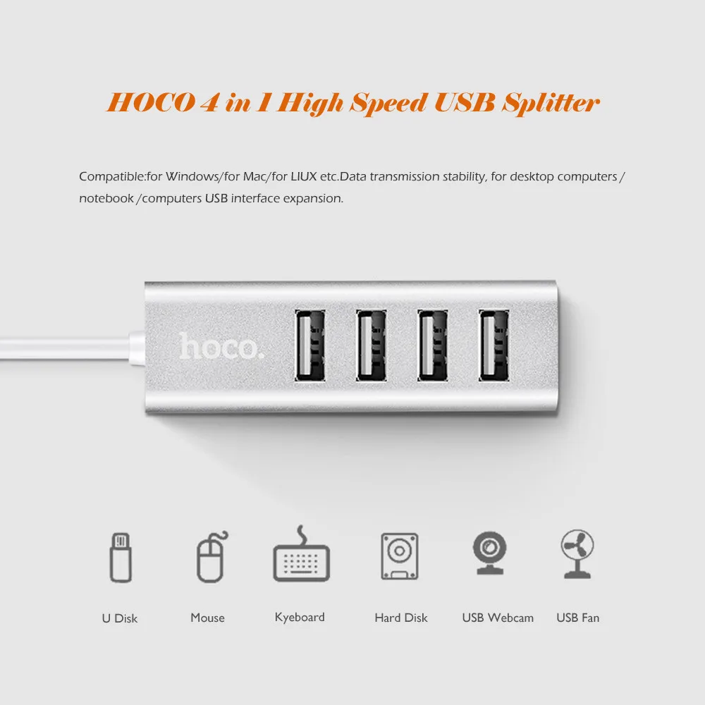 HOCO 4 в 1 USB 2,0 высокоскоростной 60 МБ/с./с USB разветвитель 4 порта конвертер адаптер для телефона ПК ноутбук WH компьютер Mac 5,6# T08