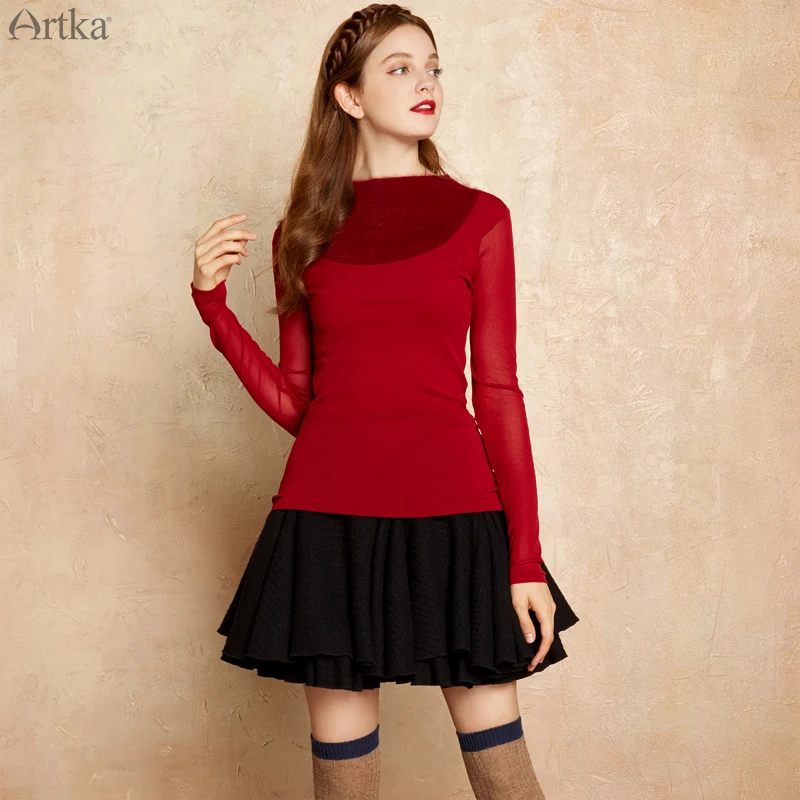 CLEARANCE ARTKA 2018 Autumn and Winter Female Neckline Rabbit Hair Stitching Flat Stitch Elegant Simple Sweater YB11779Q | Женская