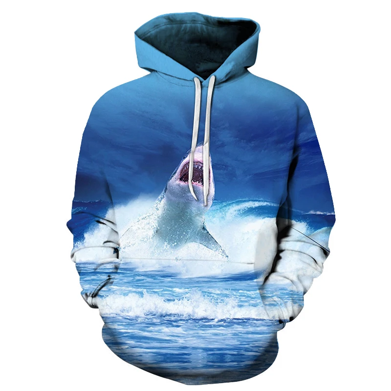

Men Hip Hop Hoodie Sweatshirt Fishing Shark Print Harajuku Hooded Pullover Streetwear 2018 Autumn Cotton Hoodies Oversized
