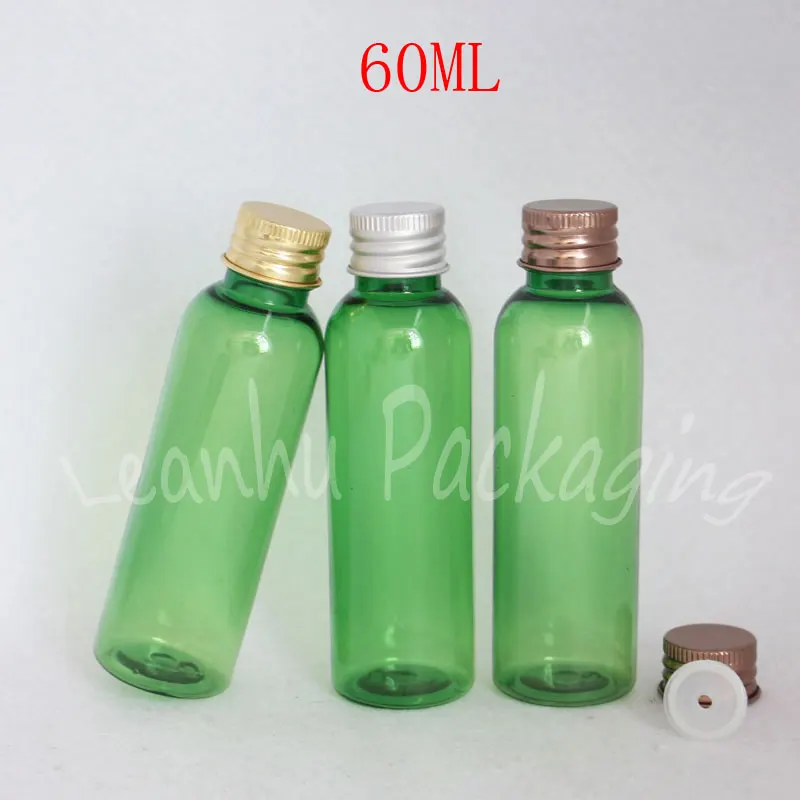 

60ML Green Round Plastic Bottle Aluminum Cap , 60CC Empty Cosmetic Container , Lotion / Toner Sample Sub-bottling ( 50 PC/Lot )