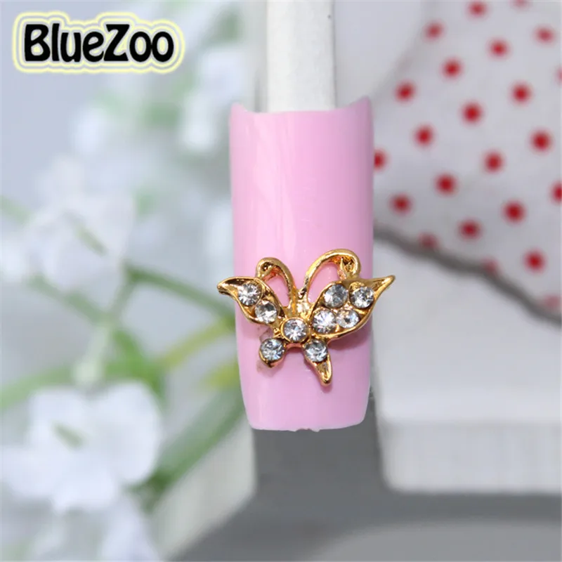 

BlueZoo 10pcs/pack Gold Butterfly Alloy 3D Nail Charms Glitter Clear Rhinestones Nail Design  Nails Stud Accessories Tips