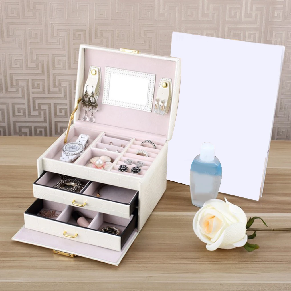 

Hot Sale Women Portable 3 Layer Jewelry Display Makeup Packaging Casket Box Organizer Container With Mirror