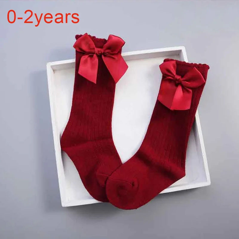 Носки для маленьких девочек, meias infantil, гольфы принцессы с бантиками, милые длинные прямые носки для малышей, детские носки в Вертикальную Полоску - Цвет: red 0to2years
