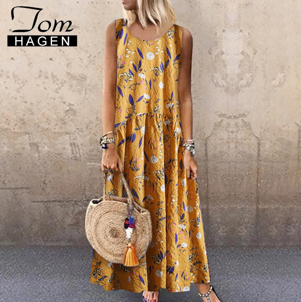 

Tom Hagen Summer Dress Long Linen Womens Boho Floral Maxi Dress Party Evening Summer Plus Size Dress for Woman Elegant Vintage