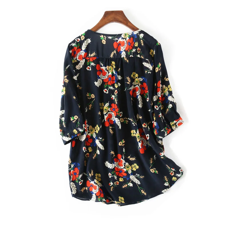 Женская блузка натуральная шелковая креповая блузка, кофта с принтом, v-образный вырез, Офисная Леди, весенне-летняя рубашка с коротким рукавом