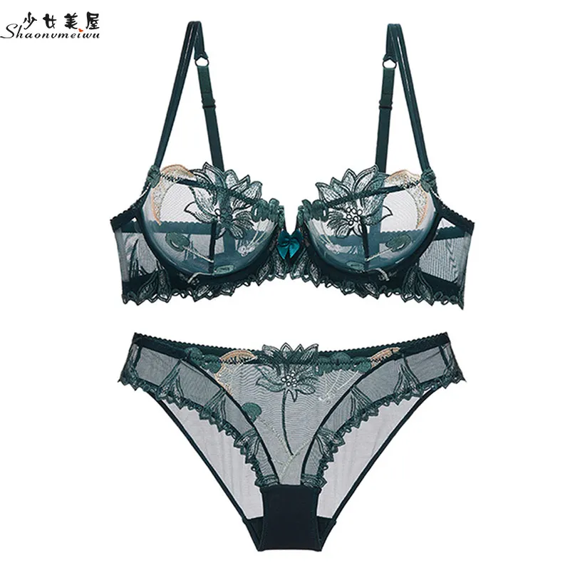 Skup Shaonvmeiwu seksowna przezroczysta bielizna koronkowy haft cienki cienki różowy biustonosz owoce wiśni biustonosz garnitur