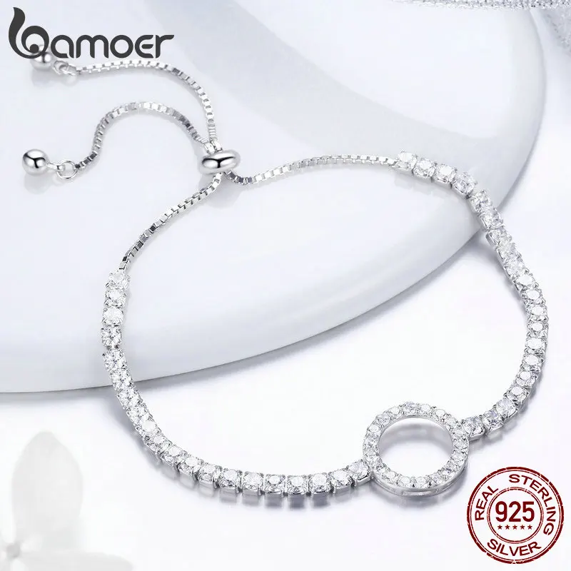 BAMOER الساخن بيع الحقيقي 100% 925 فضة جولة دائرة بسيطة أساور التنس للنساء أصيلة الفضة مجوهرات SCB110