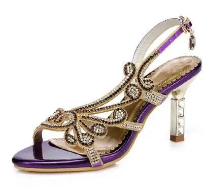 Г. Новые летние женские босоножки Обувь на необычном каблуке с кристаллами женские босоножки на высоком каблуке пикантные женские сандалии-гладиаторы с открытым носком - Цвет: purple 7cm