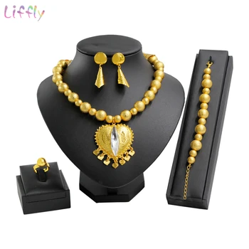 

Fashion African Jewelry Set Crystal Long Necklace for Women Earring Hot Sale Wedding Charm Bracelet Gold Jewelry Sets