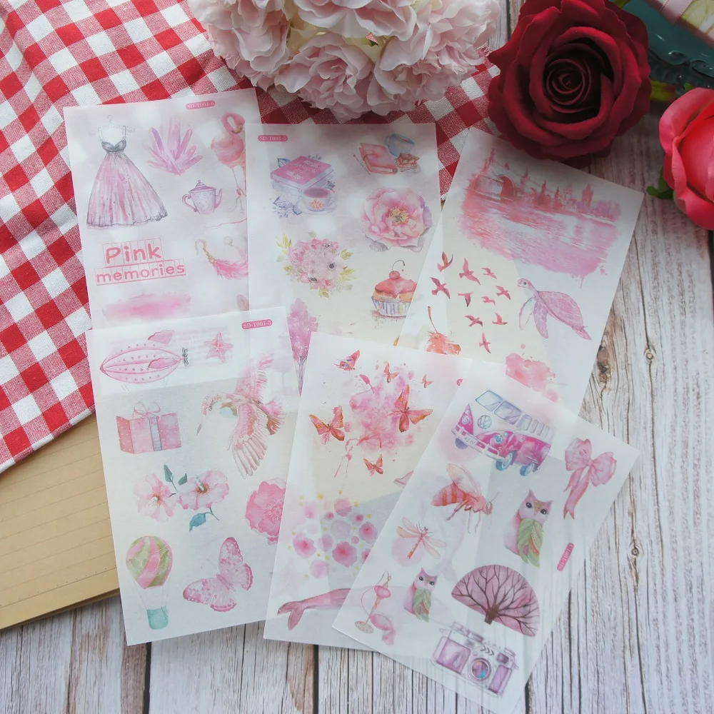 

6 Sheets Soft Pink World and Memory Design Washi Paper Sticker As Scrapbooking DIY Wedding Gift Packing Decoration Tag