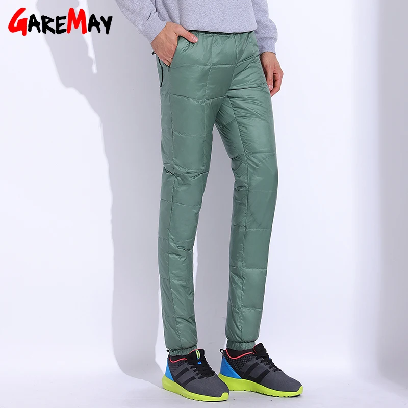 Goede Mannen Winter Broek Witte Eendendons Warme Casual Broek Mannelijke Broek Elastische Taille Zwart Rood Dikke Lange Voor Mannen 2018 GAREMAY
