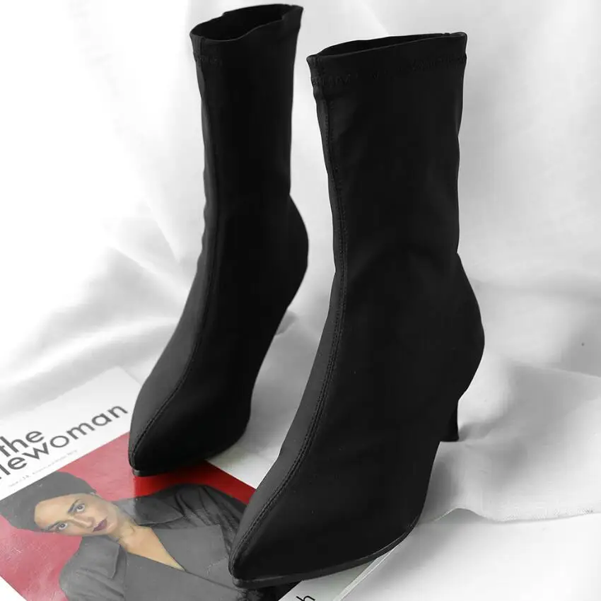Эластичные ботинки-носки из лайкры с острым носком, размеры 34-43 женские ботильоны на высоком каблуке новые дизайнерские осенне-зимние узкие ботинки, botines mujer, s197