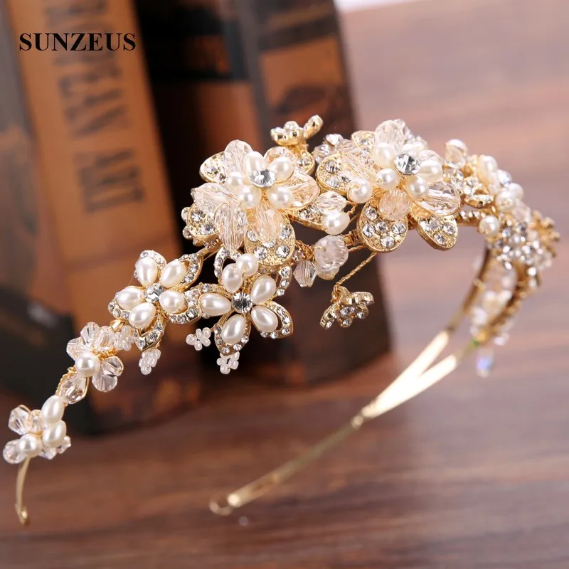 

Gold Bridal Headband Crystal Flower Crown For Wedding Pearls Bride Tiara Accesorios Boda SQ0217