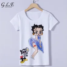 

Geleier 2018 summer tshirt fashion short-sleeved T-shirt women handmade beaded Sexy Monroe sequins women t-shirts high quality