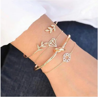 

MDNEN 4 Pcs/Set Women Charm Bracelet Bohemian Leaves Knot Round Chain Opening Gold Bracelet Set Women Fashion Jewelry