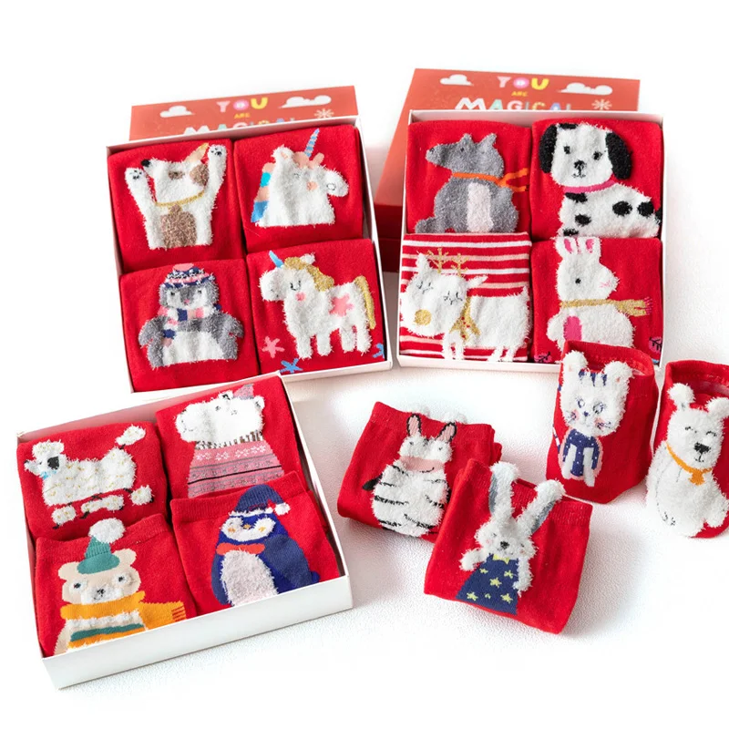 La MaxPa 4pairs/box Cotton Meias Christmas Warm Cute 3d Animal Patterns Cartoon Socks Women Men Stretch Socks k2051
