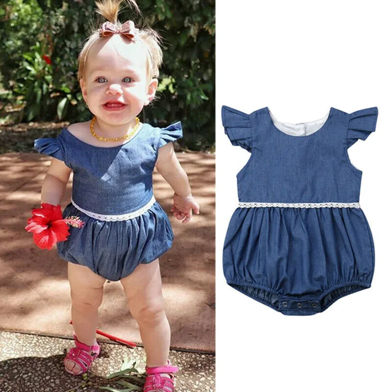 

Summer New Fashion Infant Newborn Baby Girl Clothes Flying Sleeve Lace Denim Romper Jumpsuit Clothes
