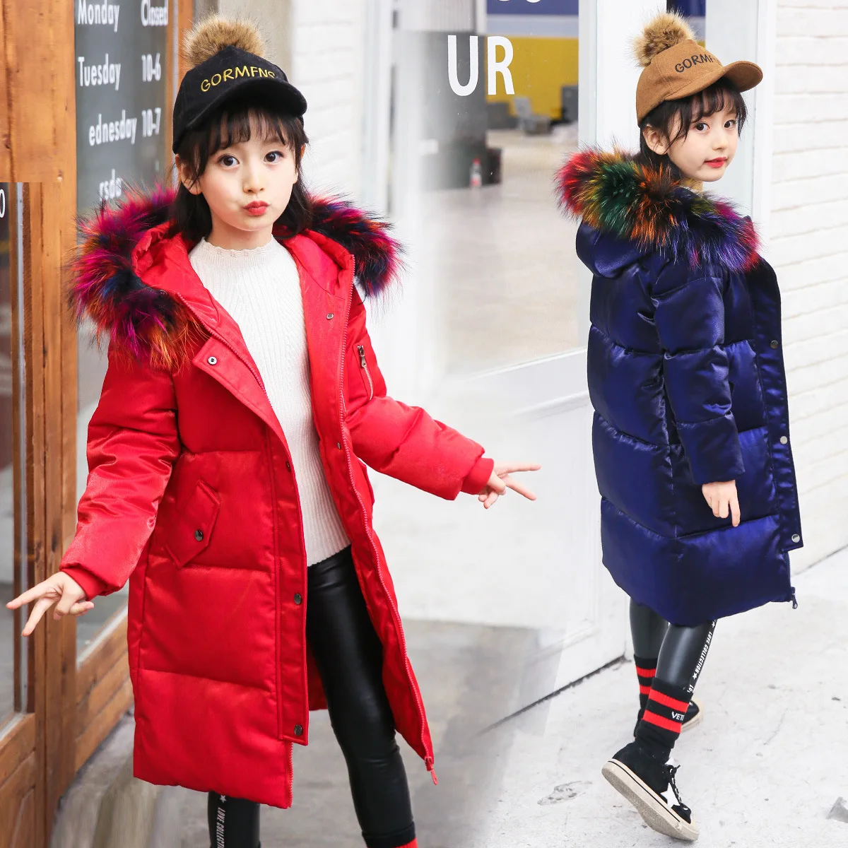 

Hot 2018 New Girls Winter Jackets Girl Fashion Colorful Fur Collar Coats Girl Thickening Hooded Warm Long Jacket Kids Clothes