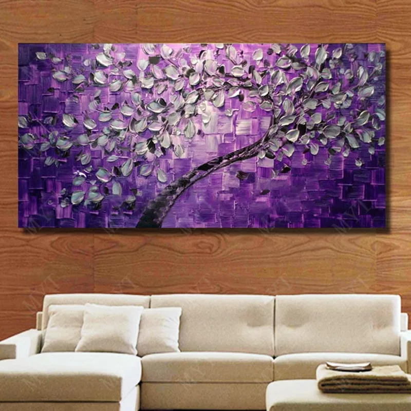 

Hand Painted Abstract Grey Trees Oil Paintings Modern Home Decor Art Knife Canvas Pictures Large Purple Painting Decoration Gift