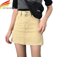 Желтая черная синяя короткая джинсовая юбка Новое поступление Высокая талия двойные пуговицы линия Мини юбка Низ Джинсы с бахромой юбка