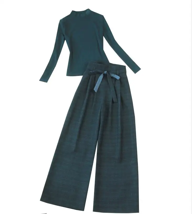 Модный костюм женский весна/зима новый темно-зеленый плюс бархатный джемпер + Высокая талия широкие брюки комплект из двух предметов