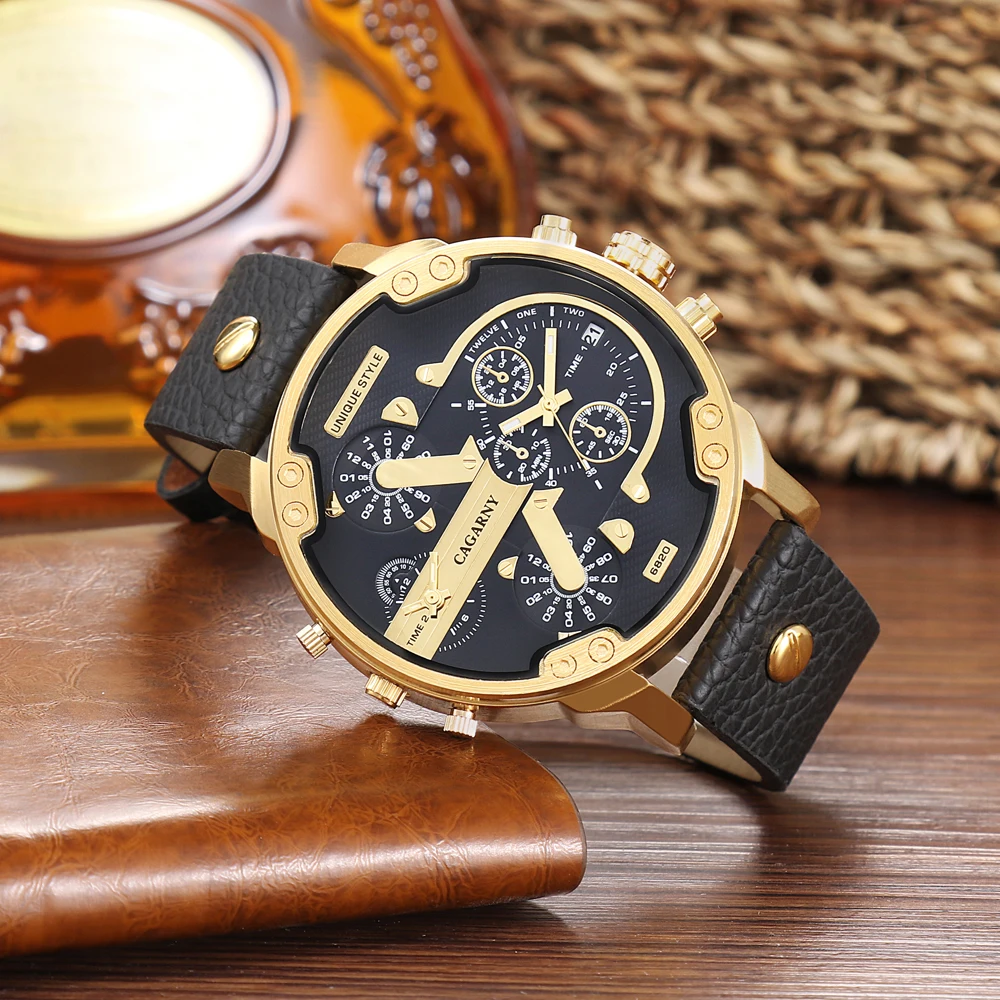 Роскошные Кварцевые часы Cagarny для мужчин, черный кожаный ремешок, золотой чехол, два раза, военные, dz, Relogio Masculino, повседневные мужские часы