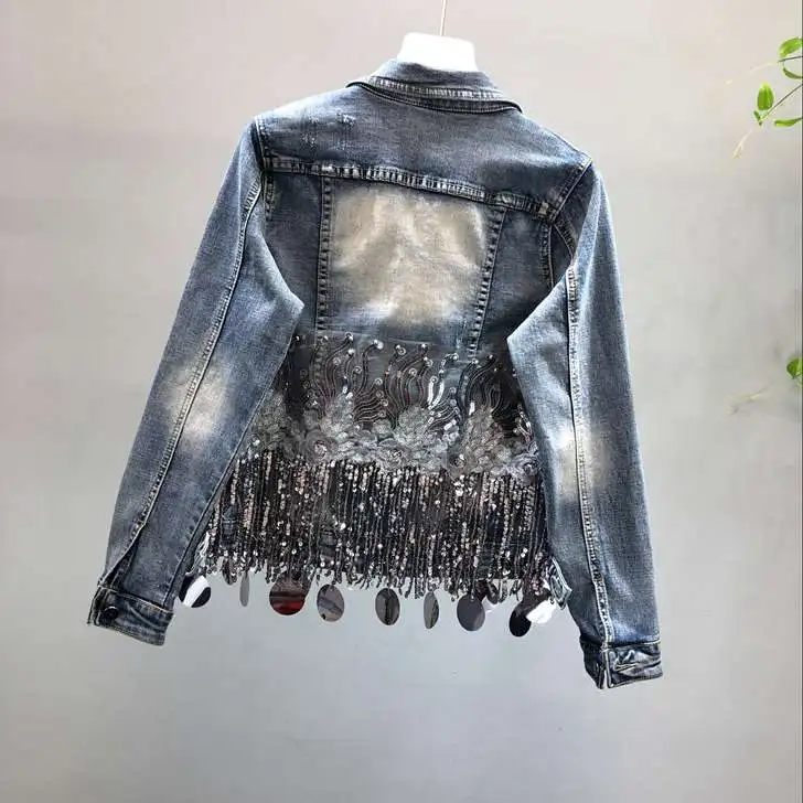 Европейская Осенняя женская модная короткая джинсовая куртка с блестками+ джинсы с дырками, винтажный Джинсовый комплект из двух предметов, Студенческая уличная одежда