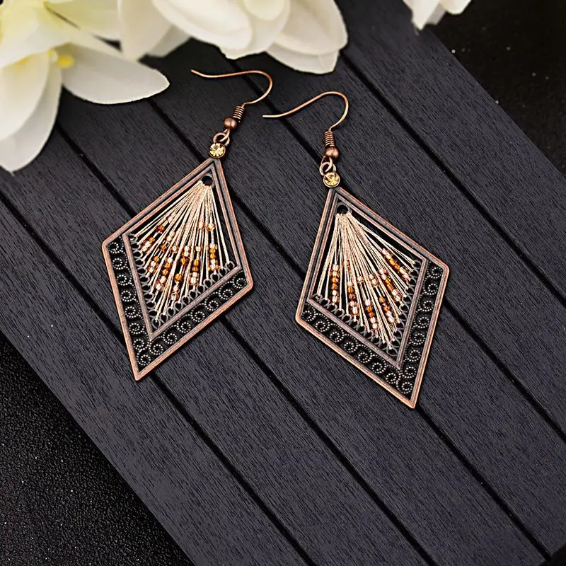 

TopHanqi New Crystal Beads Earrings women Indian Jewelry Bohemian Vintage Alloy Hollow Double Rhombic Drop Dangle Earrings 2018