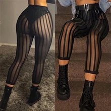Сексуальные сетчатые полосатые леггинсы, женские полосатые сетчатые перспективные штаны, облегающие брюки до колен, клубная одежда