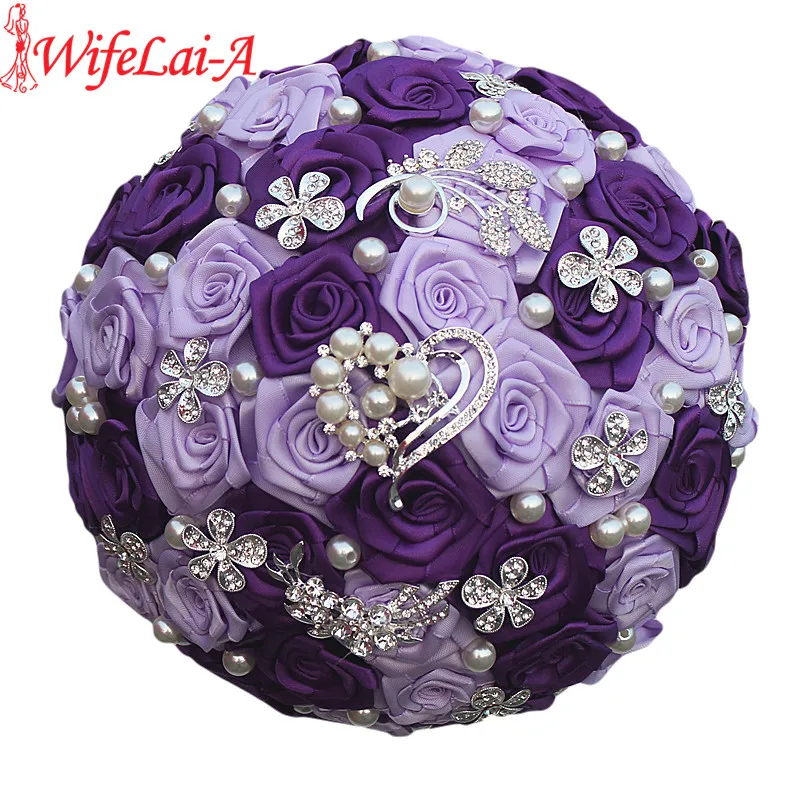 WifeLai-A Romantic Purple Heart Crystal Wedding Bouquet Durable Artificial Flowers Diamond Brooch Pearl Bridal Bouquets W125-ZI