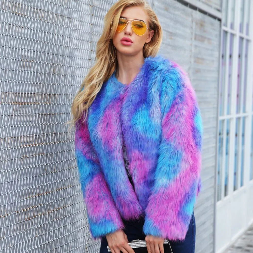 Coat Colorful Shaggy Cardigan Fur Jacket Womens Celeb Faux Furry