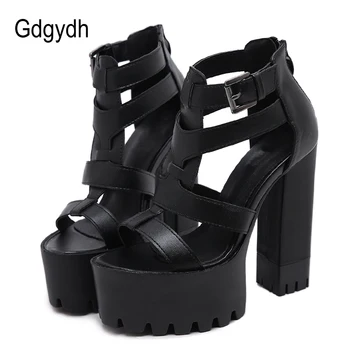 Gdgydh Gladiator Sandals Platform High Heels Ankle Strap Women Ladies Party Shoes Summer Block Heel Leather PU Drop Shipping high quality women fashion strappy patent leather gladiator sandals cut out ankle strap high heel sandals free shipping