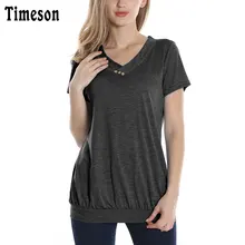 Timeson Wooden Button Casual Loose Tee Shirt Women Summer V Neck Short Sleeve T-Shirt Ropa Mujer Female Brand Clothing