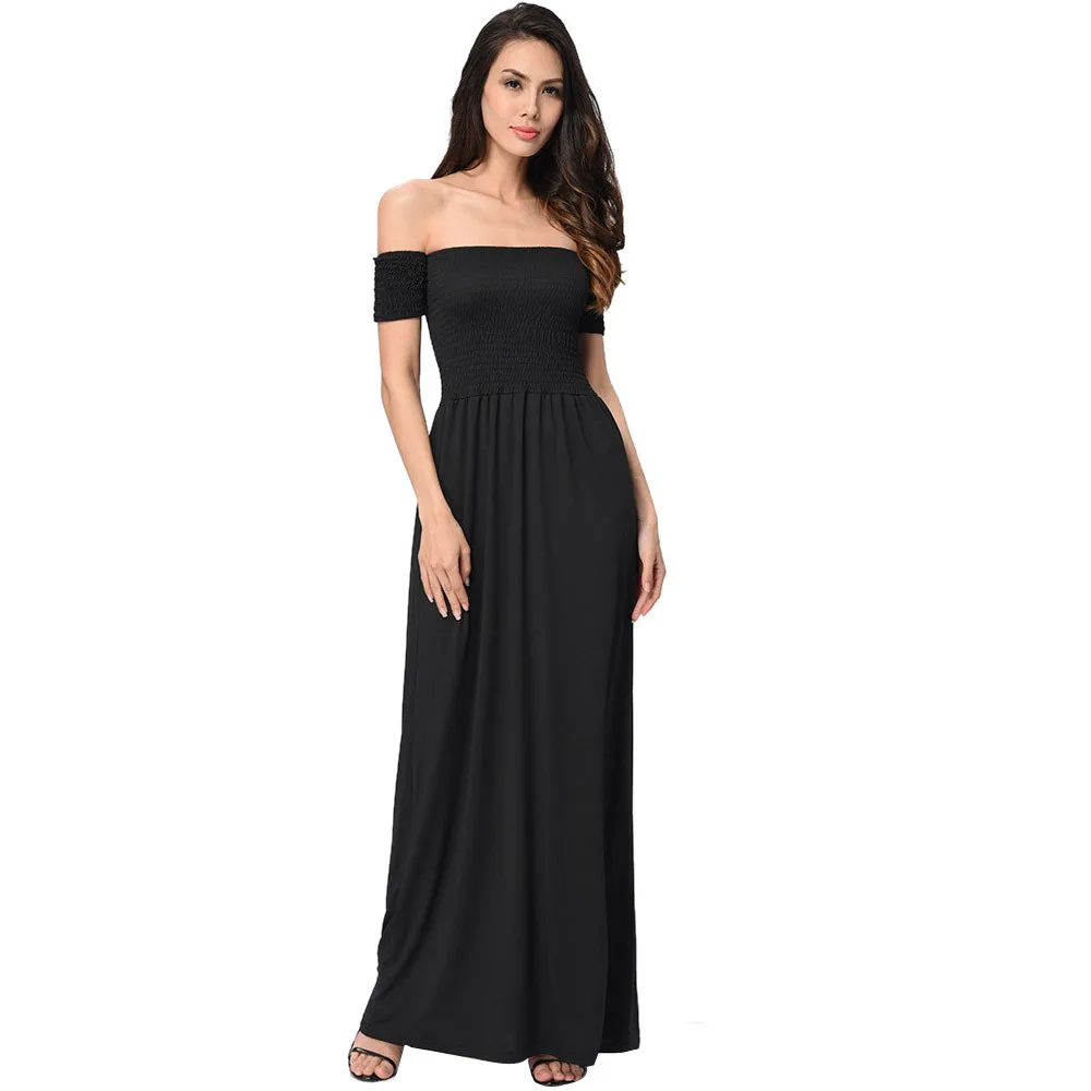 

Womens Off Shoulder Summer Beach Holiday Evening Party Long Maxi Pleated Dress 2.28