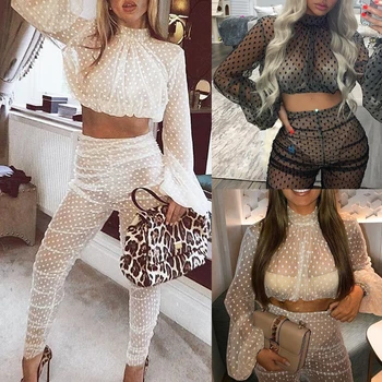 

2PCS/SET Women Sheer See-through High neck Polka Dot Long Puff Sleeve Tank Top Bodycon Club Mesh High Waist Long Pencil Pants