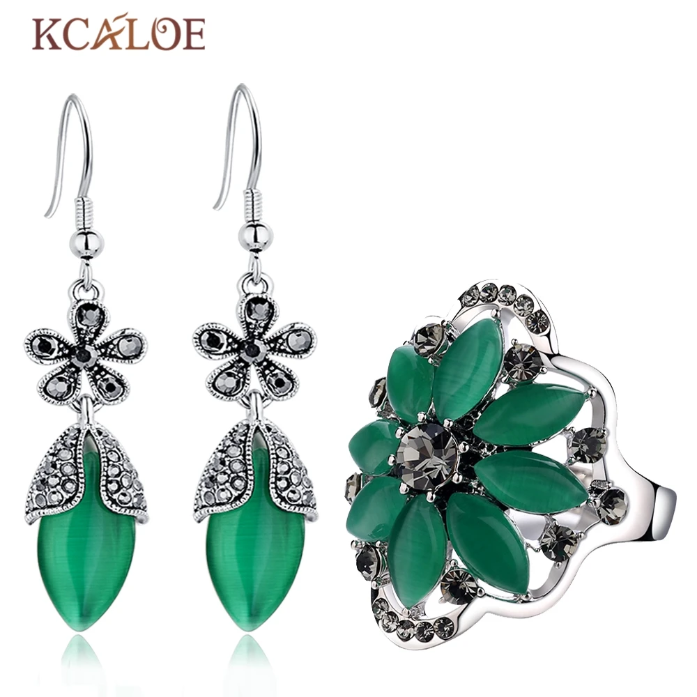 

KCALOE Natural Stone Vintage Jewelry Sets Green Opal Long Earrings Ring Black Crystal Rhinestone Silver Plated Women Jewelry Set