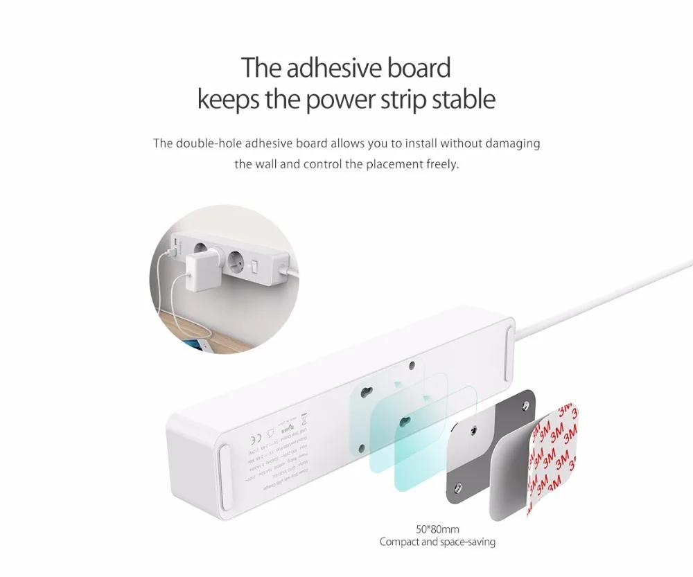 ORICO 3/5 AC EU Power Strip with 2 USB Charging Port Extension Electronic Socket Home Office Surge Protector and Adhesive Board